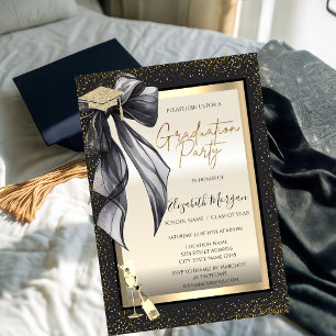 Invitation Chapeau de diplômé,Verre à vin à ruban noir,Confet