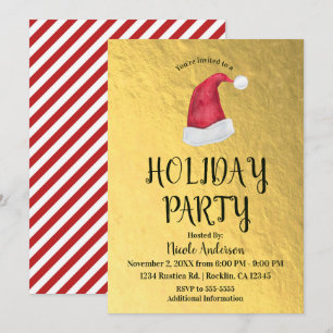 Invitation Chapeau de Noël Rouge de Père Noël brillant doré p