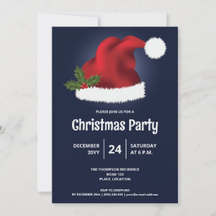Invitation Chapeau de Père Noël rouge sur fond bleu - Fête de