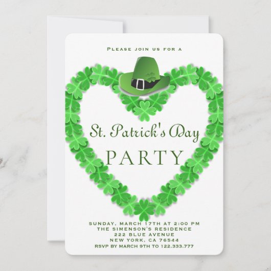 Invitation Chapeau élégant Trèfle Vert Fête St.Patrick (Devant)