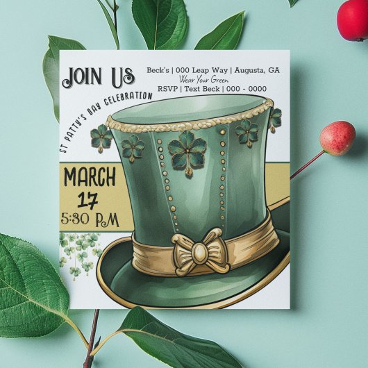 Invitation Chapeau haut de forme de lutin vert et or pour la