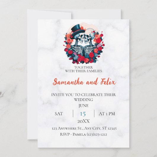 Invitation Chapeau Haut-de-Forme Squelette Fleurs Cercle Marb (Devant)