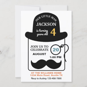 Invitation Chapeau melon mignon et monocle pour fête d'annive