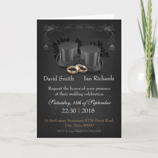 Invitation Chapeaux hauts vintage pliables sur tableau noir (Devant)