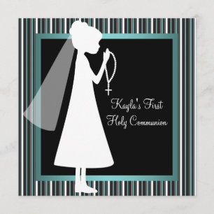 Invitation Chapelet Bleu Turquoise Noir Blanc Fille Première 