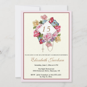 Invitation Chapelet d'anniversaire religieux catholique flora