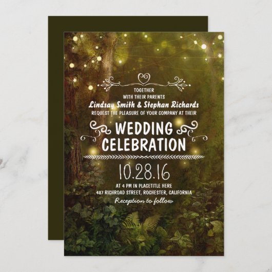 Invitation chapelet de bois enchanté lumières mariage invitat (Devant / Derrière)