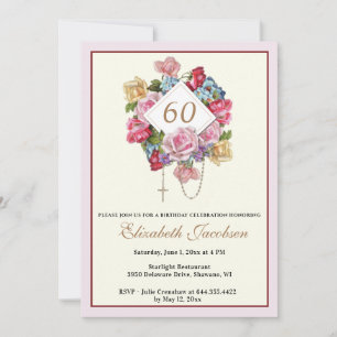 Invitation Chapelet de naissance religieux catholique floral 