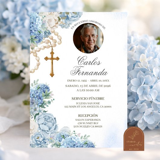 Invitation Chapelet d'hydrangea bleue Photo Funérailles catho