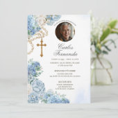Invitation Chapelet d'hydrangea bleue Photo Funérailles catho (Debout devant)