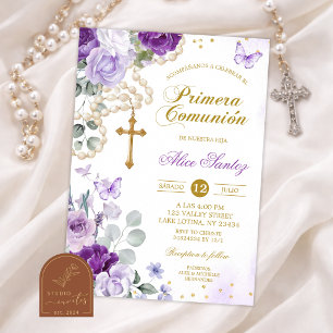 Invitation Chapelet floral violet Communion solennelle cathol