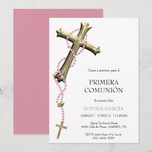 Invitation Chapelet rose élégant & Croix dorée Comunión
