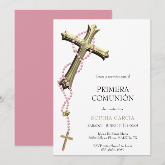 Invitation Chapelet rose élégant & Croix dorée Comunión (Devant / Derrière)