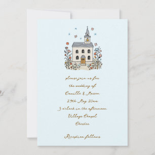 Invitation Chapelle fantaisiste bleue gribouillée de mariage
