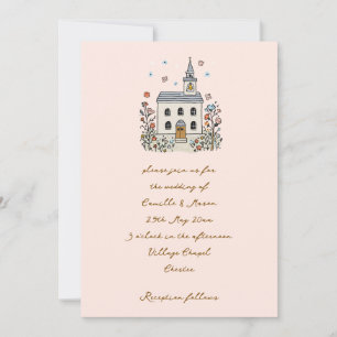 Invitation Chapelle gribouillée fantaisiste rose blush mariag