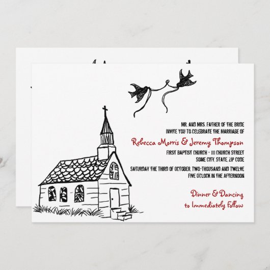 Invitation Chapelle rouge noire et blanche (Devant / Derrière)
