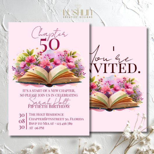 Invitation Chapitre 50 Anniversaire – Livre Ouvert avec Fleur