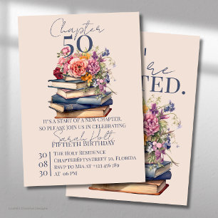 Invitation Chapitre 50 Livres empilés avec fleurs pour annive
