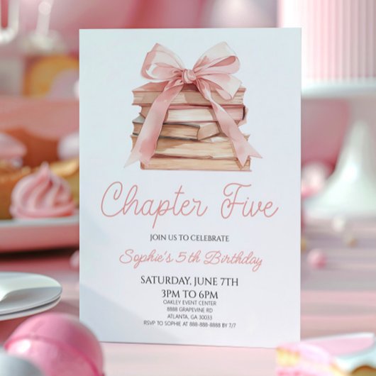 Invitation Chapitre Cinq Bow rose livre d'histoire 5e fête d'