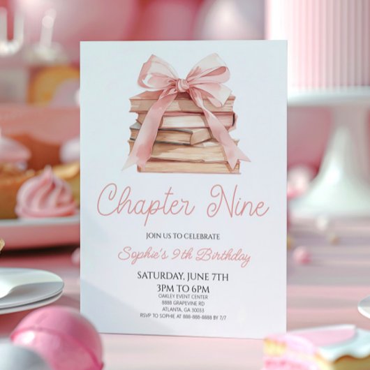 Invitation Chapitre Neuf Livres à Ruban Rose Fête d'anniversa