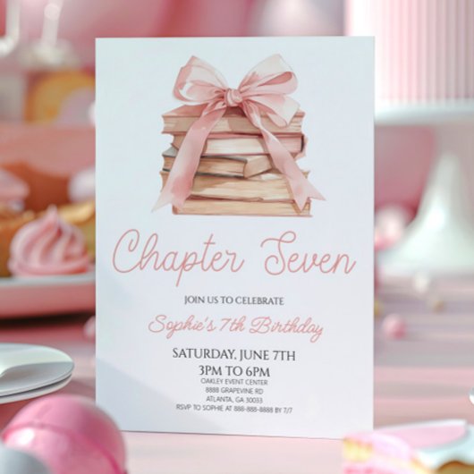 Invitation Chapitre Sept Livres à Ruban Rose Fête d'anniversa