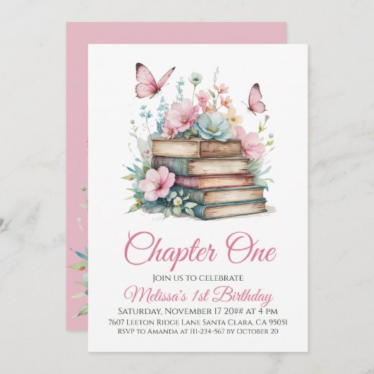 Invitation Chapitre Un 1er Livre de fille Thème Premier anniv (Devant / Derrière)