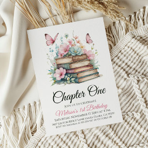 Invitation Chapitre Un Floral Rose fille premier anniversaire