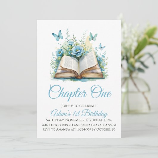 Invitation Chapitre Un Livre Bleu Garçon 1er Anniversaire (Debout devant)