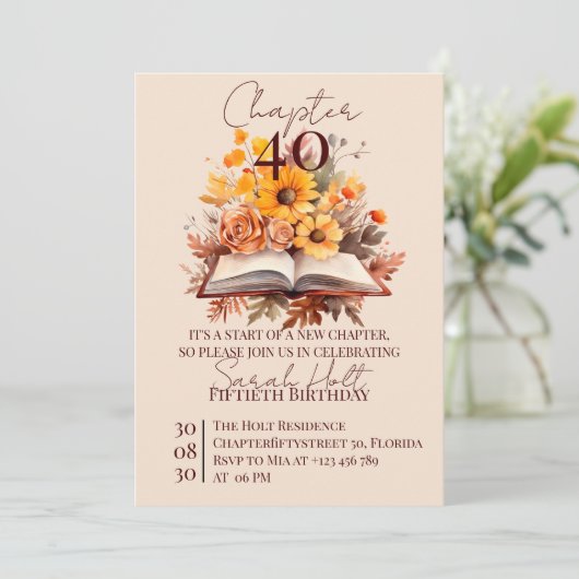 Invitation Chapter 40 Birthday – Open Book with Fall Flowers (Debout devant)