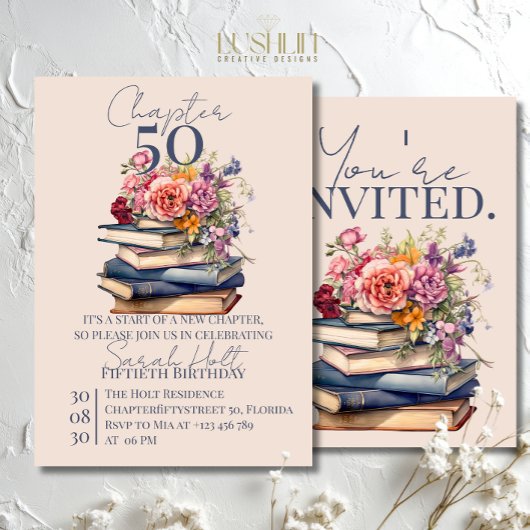 Invitation Chapter 50 Birthday Stacked Books with Flowers