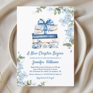 Invitation chapter begins, blue bow books floral baby shower