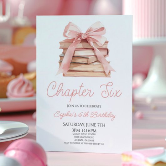 Invitation Chapter Six Pink Bow Storybook 6th Birthday Party
