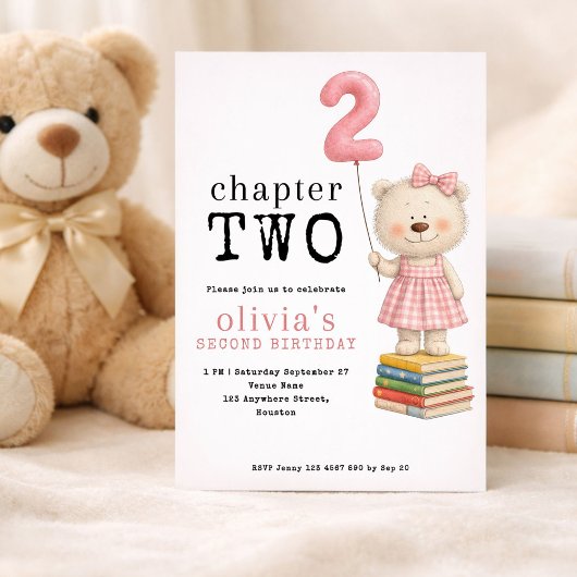Invitation Chapter Two Teddy Bear Book Girl 2nd Birthday Pink