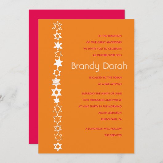 Invitation CHAQUE ÉTOILE EST UNIQUE Bar Bat mitzvah Invitatio (Devant / Derrière)