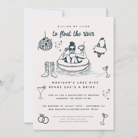 Invitation Char Whimsical Doodle River Bachelorette Week-end (Devant)