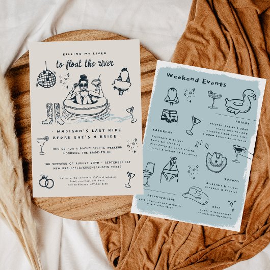 Invitation Char Whimsical Doodle River Bachelorette Week-end