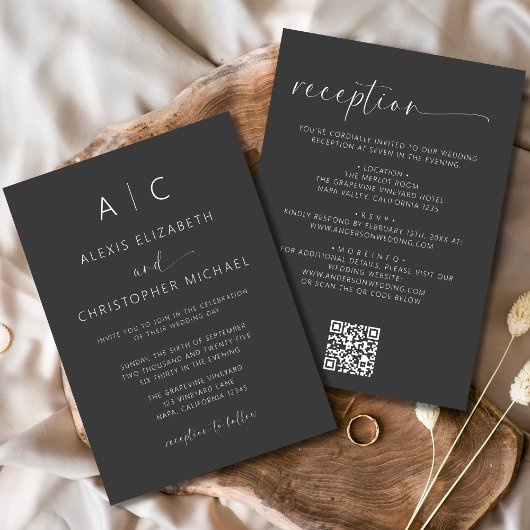 Invitation Charbon gris tout en un Mariage QR Code
