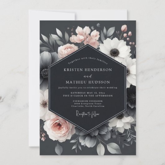 Invitation Charbon Rouge Fleur Élégance Mariage (Devant)