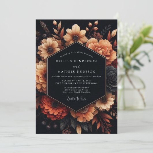 Invitation Charcoal Amber Bloom Wedding (Debout devant)