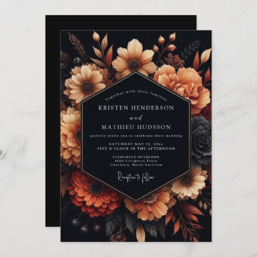 Invitation Charcoal Amber Bloom Wedding (Devant / Derrière)