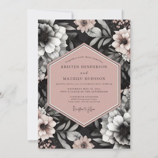 Invitation Charcoal Blush Elegant Bloom Wedding (Devant)