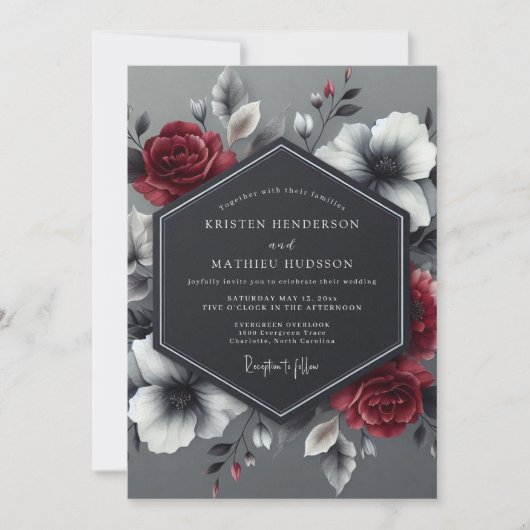 Invitation Charcoal Crimson Bloom Wedding (Devant)