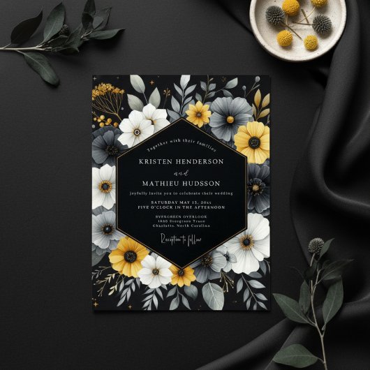Invitation Charcoal Floral Bloom Wedding