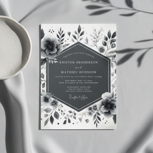 Invitation Charcoal Floral Moody Wedding
