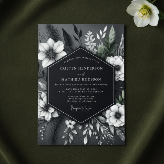 Invitation Charcoal Floral Opulent Wedding