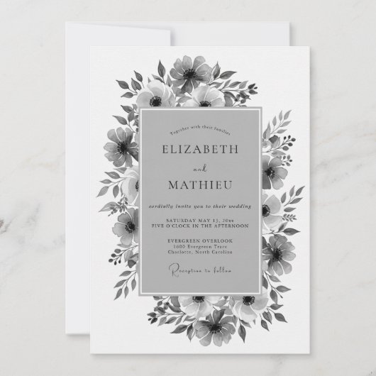 Invitation Charcoal Floral Romance Wedding (Devant)