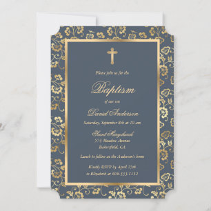 Invitation Charcoal Gold Cross Floral Baptism