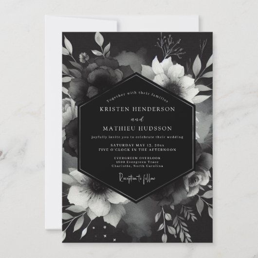 Invitation Charcoal Gothique Fleurs de Mariage (Devant)