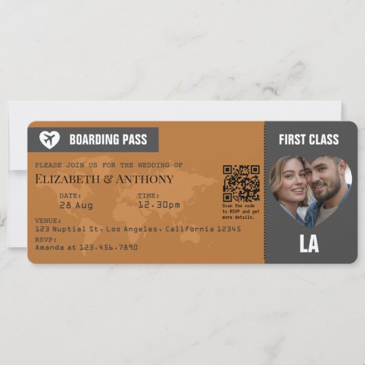 Invitation Charcoal Gray & Copper Boarding Pass Wedding (Devant)
