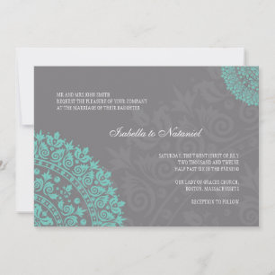 Invitation Charcoal Grey et Aqua Mariage damassé